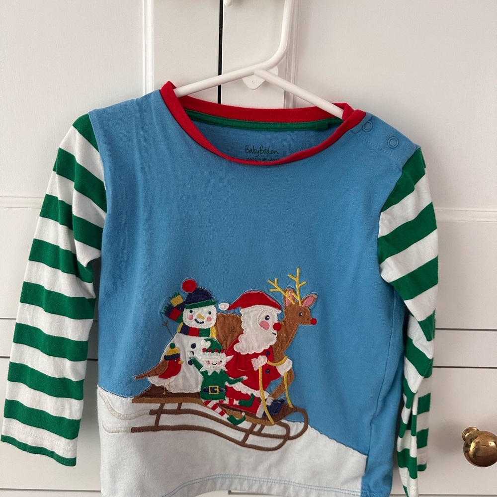 Baby Boden Festive Long Sleeve Tees in Blue and Green